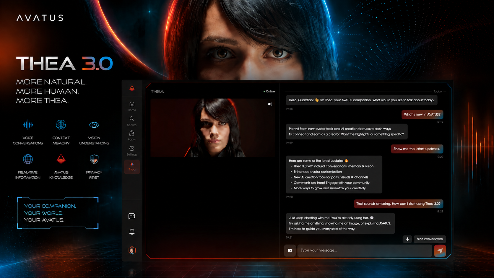 Thea 3.0 introduction graphic with an AVATUS chat interface.