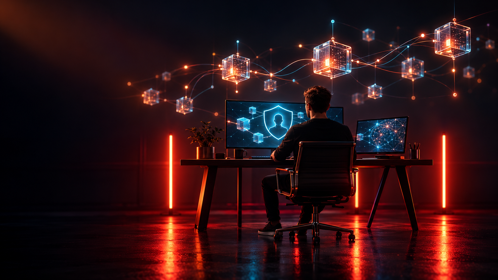 Person at a workstation with illuminated linked blocks and a shield symbol representing digital identity and privacy.