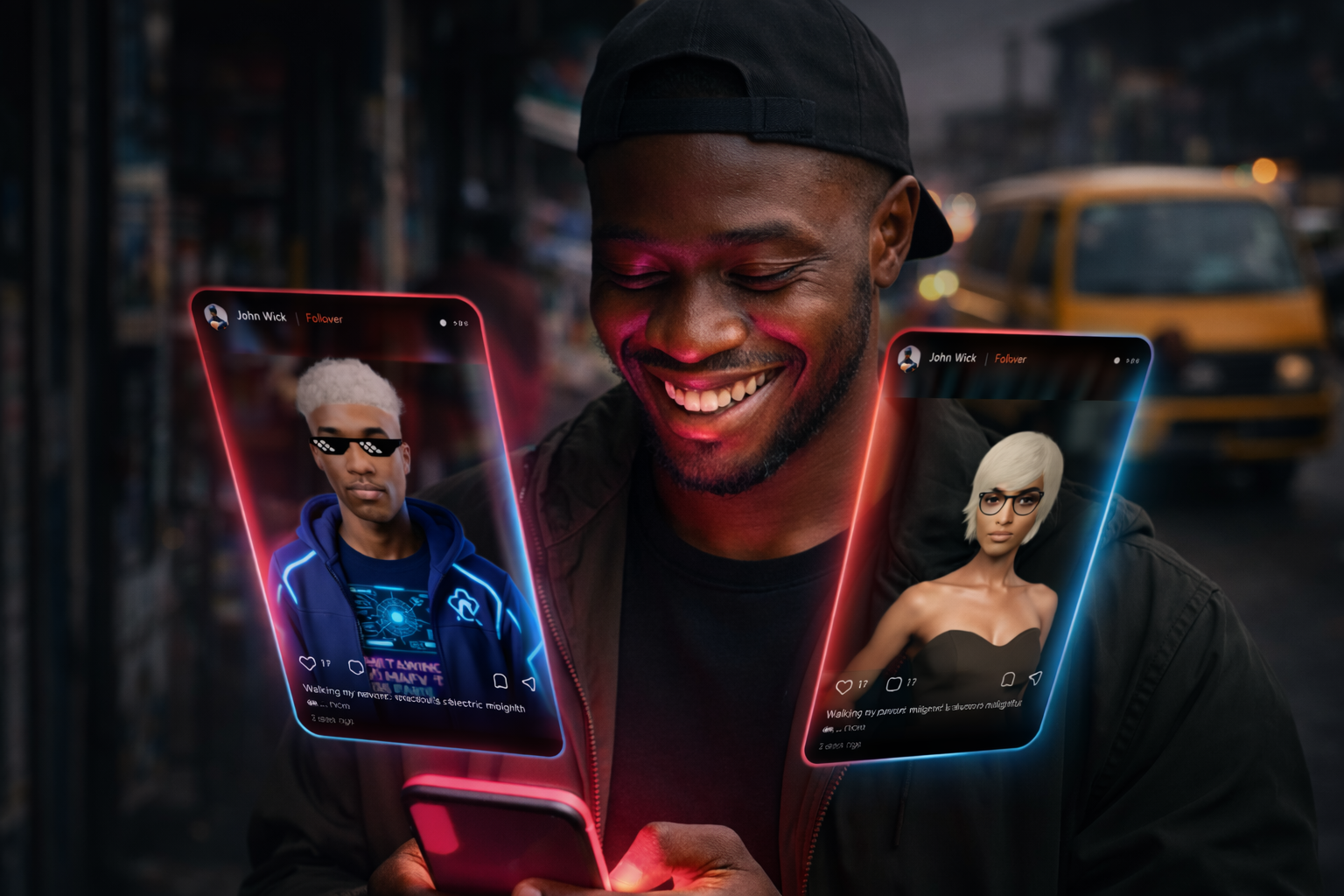 A person using a phone beside two avatar portraits.