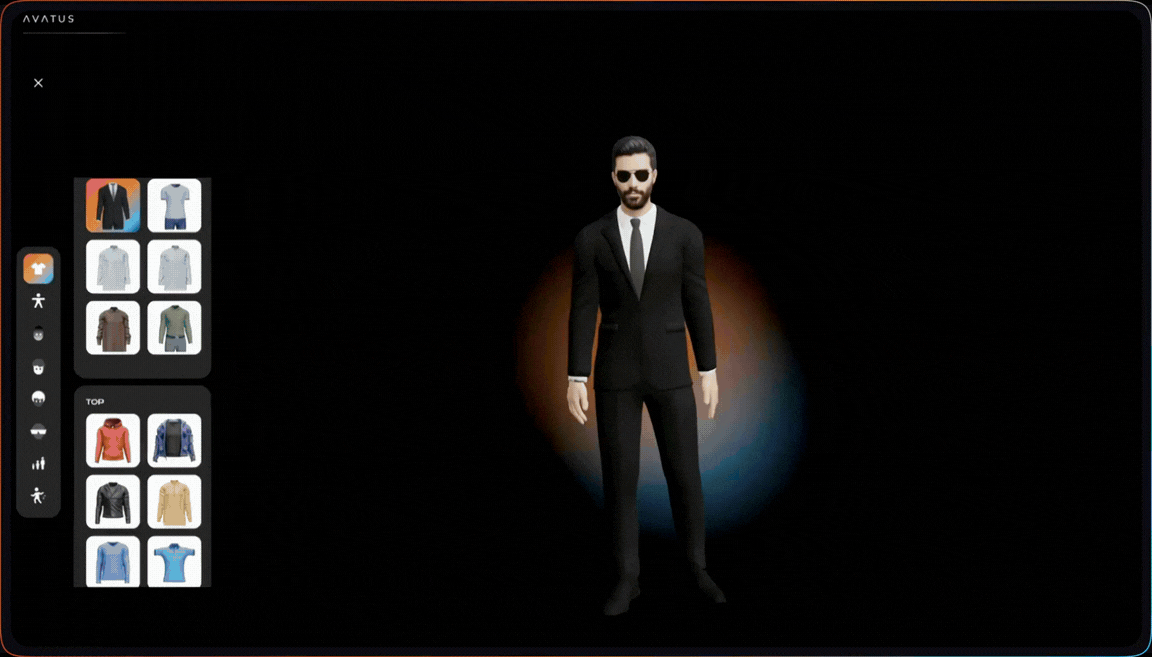 AVATUS avatar clothing editor with outfit options beside a male avatar.