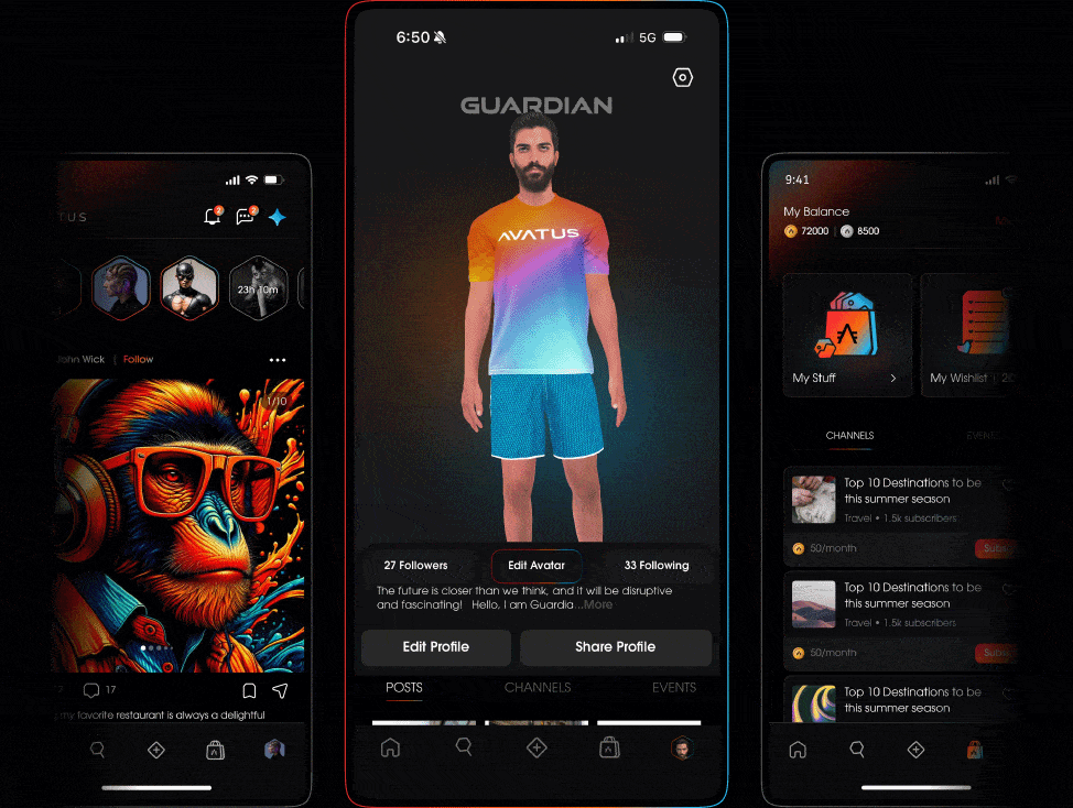 AVATUS profile and feed screens on phones.